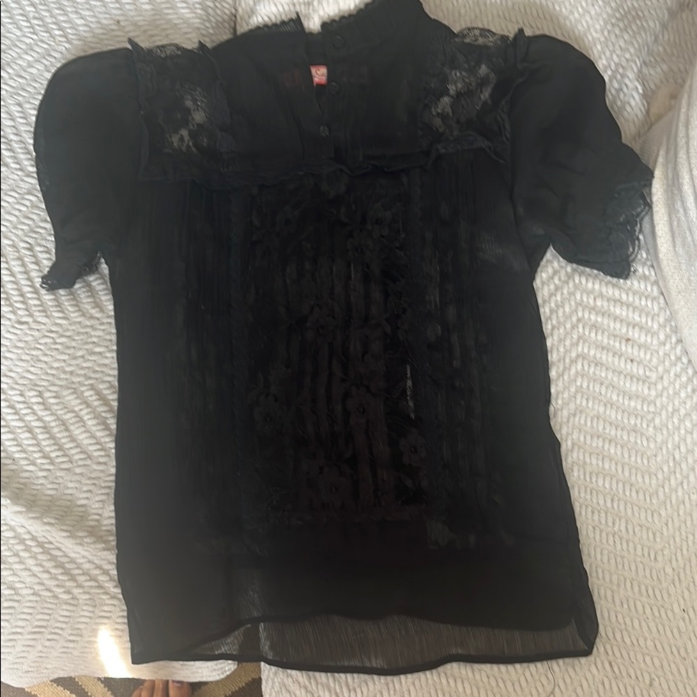 Lux Black Puff Sleeve Ruffled Blouse